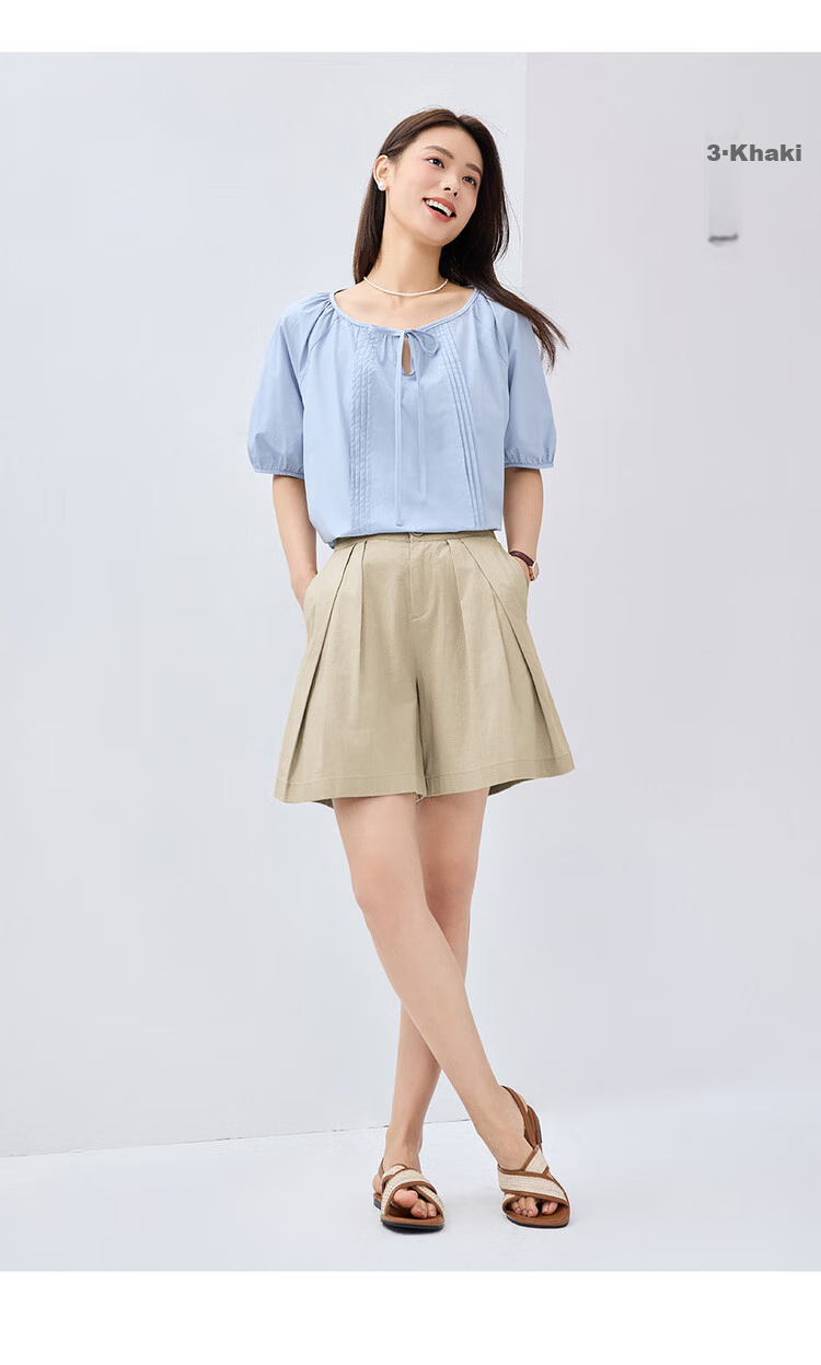 Giordano Women's Summer Lightweight Lyocell Pleated Wide-Leg Shorts with Elastic Waistband 05405305 15