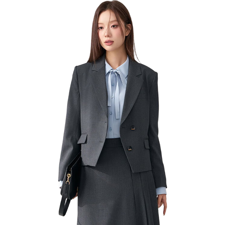 Bodexiaojie Gray Interview Suit Jacket for Women, Professional Commute Formal Wear, Lightweight Office Blazer for Petite Figures
