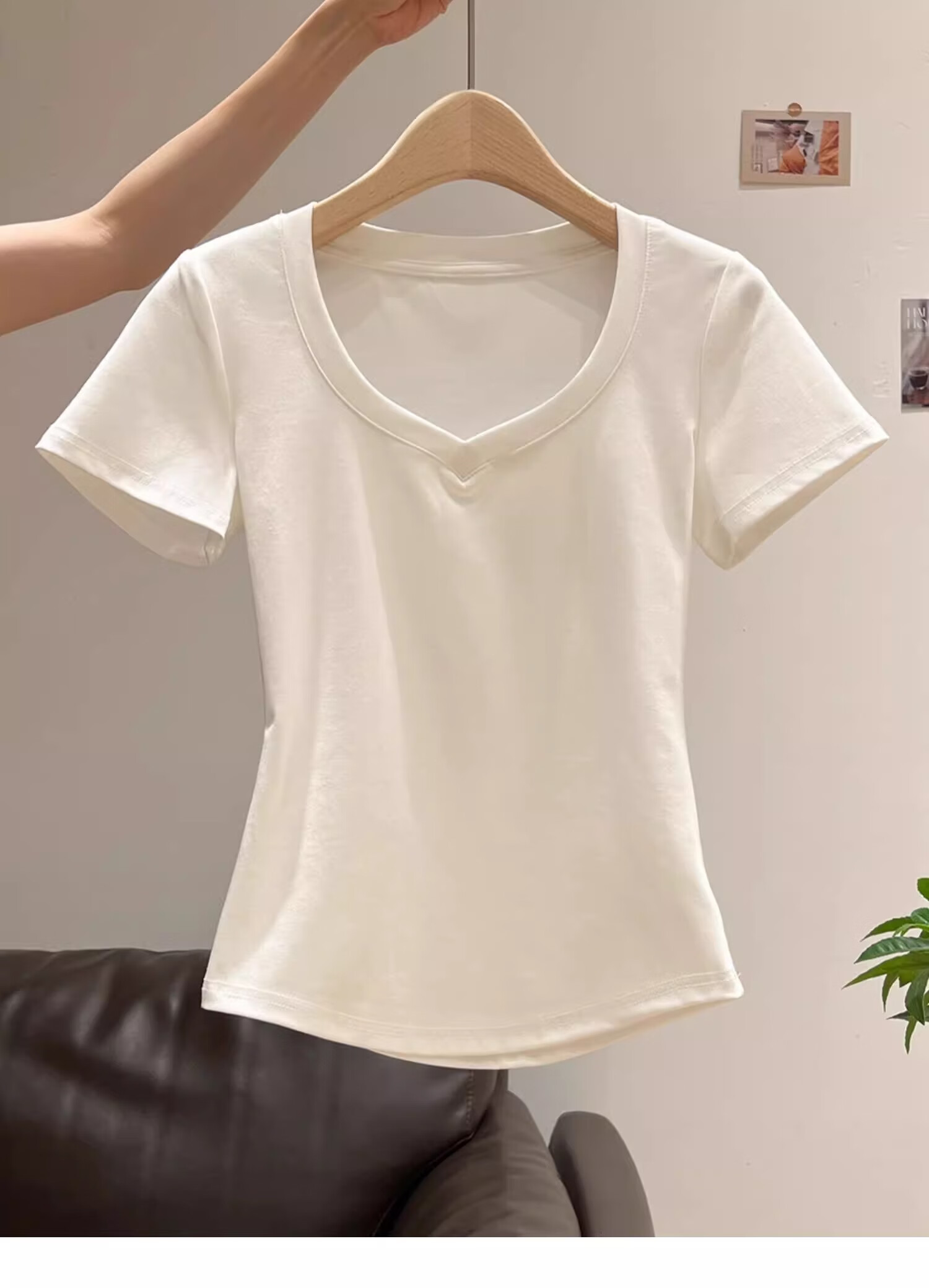 Woodpecker Solid Color V-Neck Slim Fit Short Sleeve T-Shirt Women Summer Simple Versatile Korean Style Slimming Top Heather Gray S 6