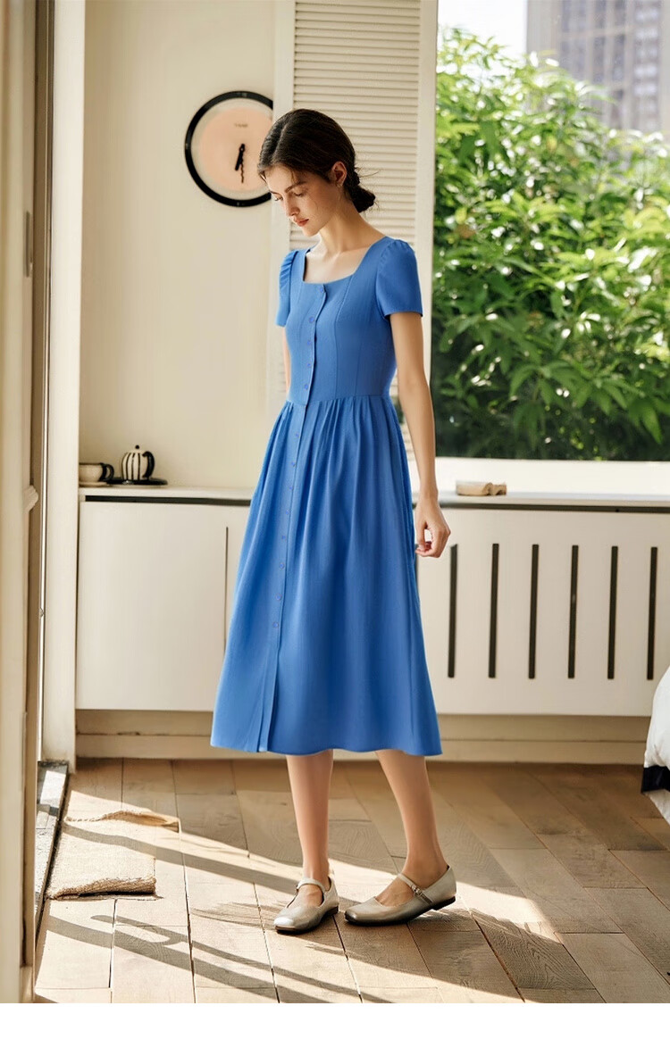 Olrain Eurielle Summer Women's Commuter Lyocell Dress Square Neck Waist Cinch Vacation Maxi Dress Klein Blue S 16