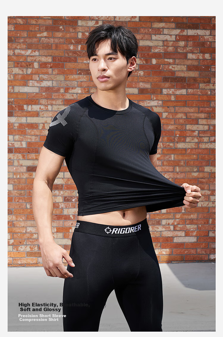 RIGORER Men's Fitness Short Sleeve Quick-Dry Sports Top Basketball Training Sweat-Wicking Compression Shirt, Pure Black, 4XL 4