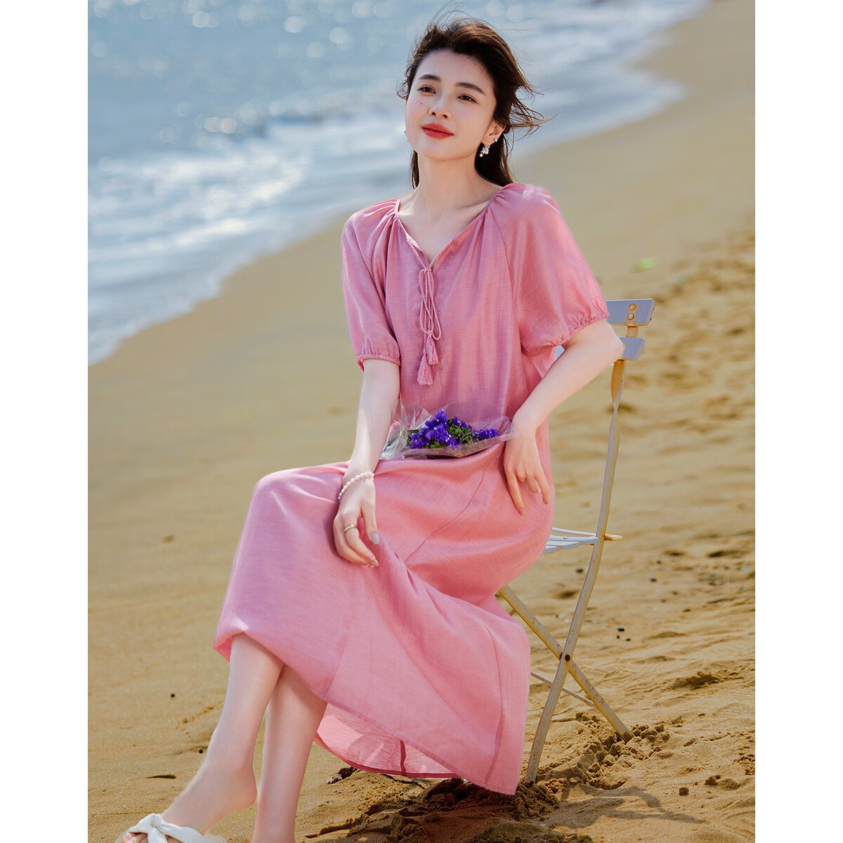 Demana "Light Breeze" Summer Cool Lyocell Embroidered Tassel Tie Split Pleated A-Line Women's Dress