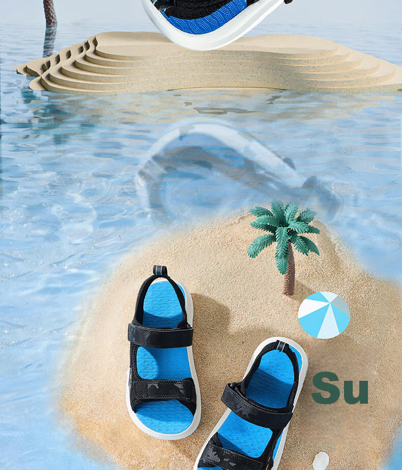 ERKE Children's Sandals for Boys, Kids' Double-Layer Velcro Open-Toe Outdoor Sandals, Micro-Crystal White/true Black/pioneer Green, Size 35 7