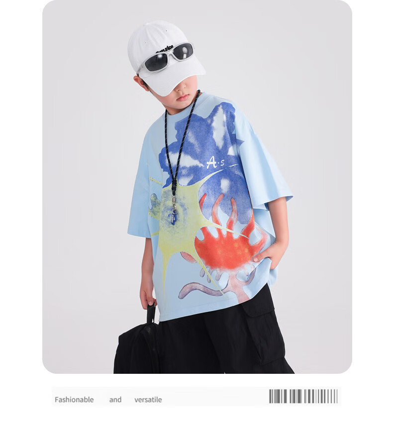 BABY HH Boys Summer Dopamine Graffiti Short Sleeve T-Shirt 2025 New Trendy Top Blue Lightweight Size 120 2
