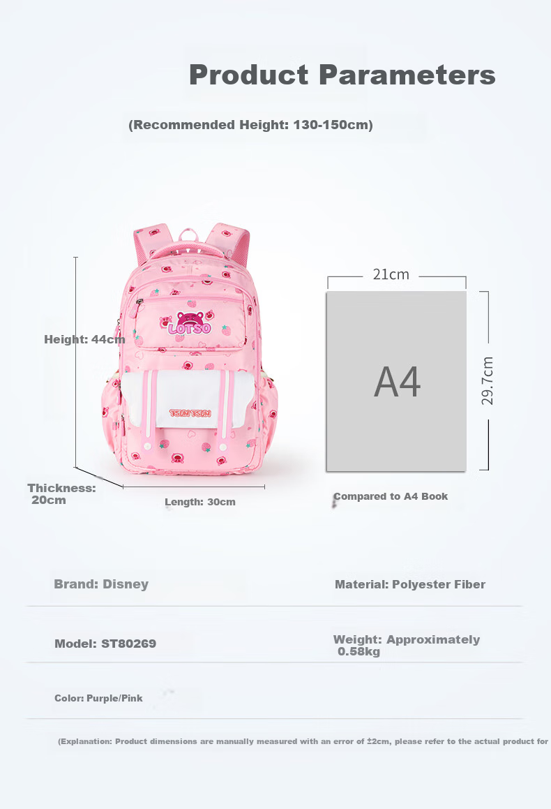 Disney Backpack for Elementary School Girls in Grades 3-6, Strawberry Bear Children's Backpack for Junior And Senior High School Students, Model 80269 Pink 2