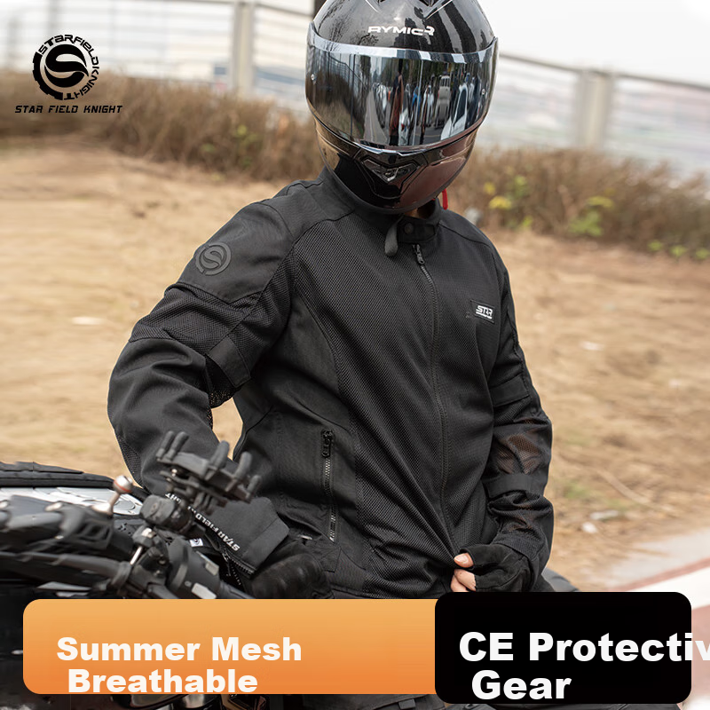 STAR FIELD KNIGHT Motorcycle Riding Jacket for Men, Summer Mesh Breathable Outdoor Motorbike Anti-Fall Top, Black, Size 4XL