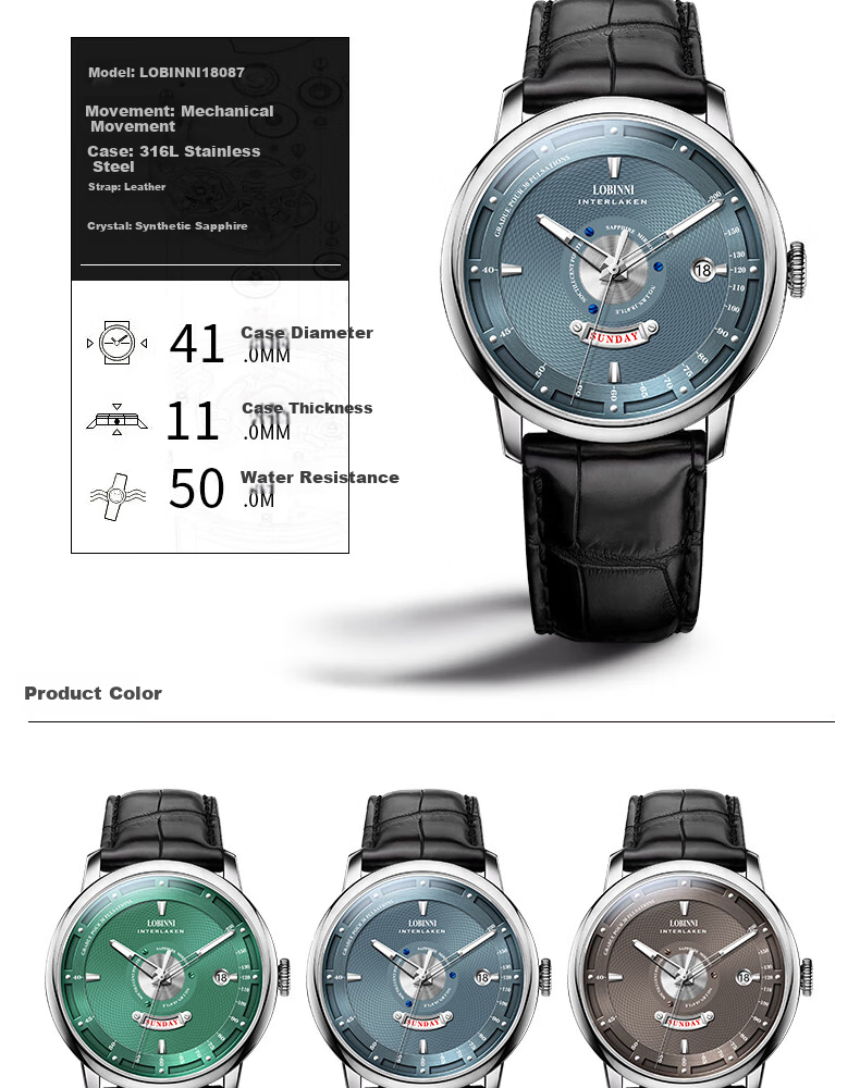LOBINNI Men's Mechanical Watch, Luminous Casual Waterproof Back-Transparent Wristwatch for Men 18087 8