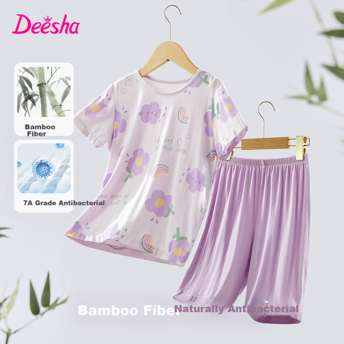 DEESHA [7A Antibacterial Bamboo Fiber Series], Girls' Summer Short-Sleeve Shorts, Big Kids' Loungewear, Skin-Friendly Pajamas