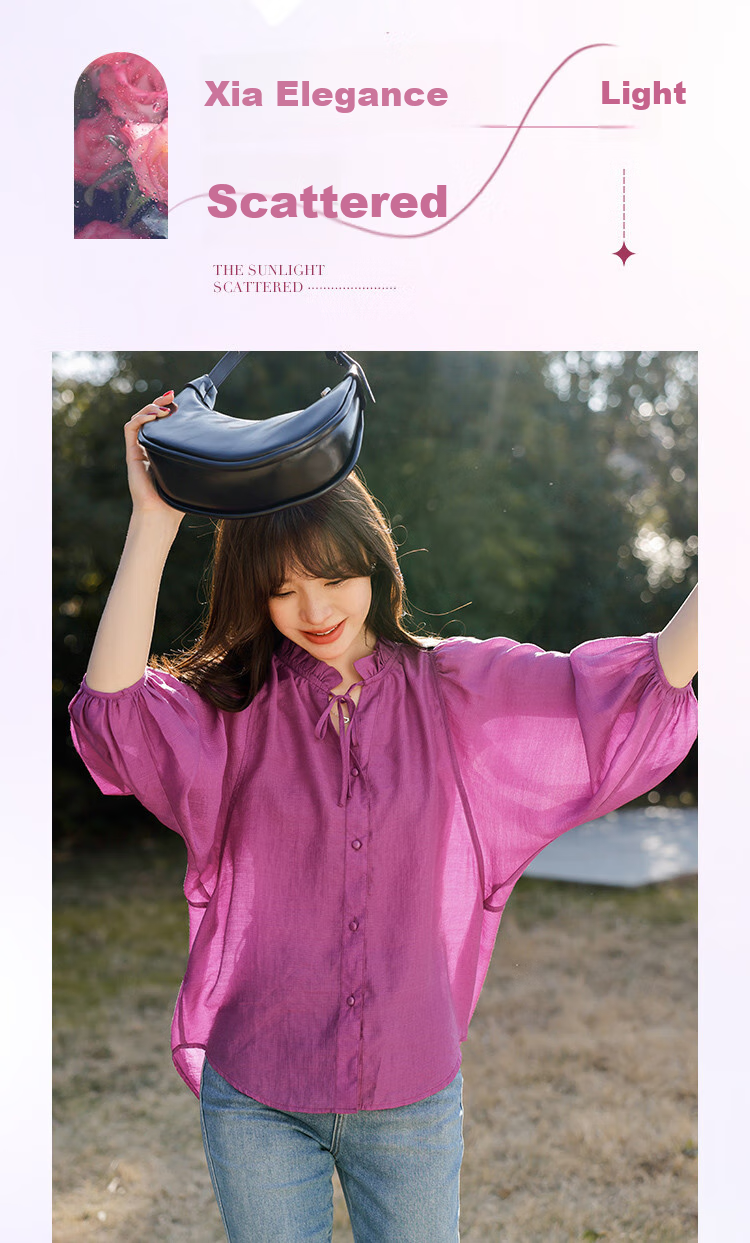Mt [Candied Yangmei] Summer Elegant Small V-Neck Korean Style Ruffle Mid-Sleeve Blouse 3