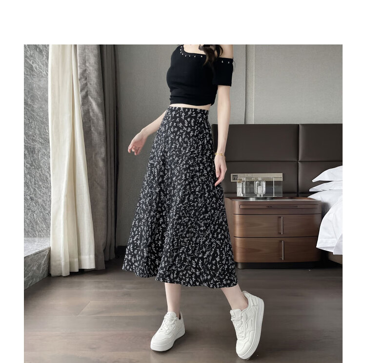 Awakening Paradise 2026 Summer New Slimming A-Line Mid-Length Skirt White Base Black Floral One Size 17