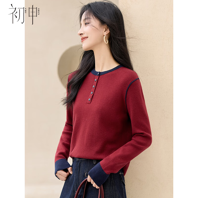 Chushen Chunqiu Women's Fashion Colorblock Round Neck Knit Sweater New Year Party Base Shirt S53Z030