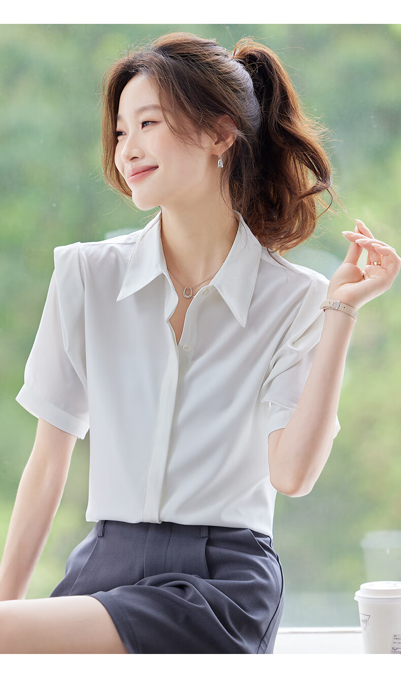 Jeanswest Women's Short Sleeve Shirt Summer College Style Slim Fit Formal Versatile Elegant White S 18