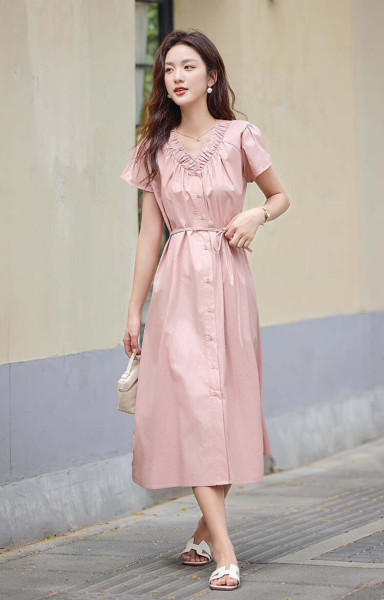 Dme [Shujie Meixue] Summer Lightweight 50-Count High-Density Silk V-Neck Tie-Up Short-Sleeve Loose Women's Dress 5