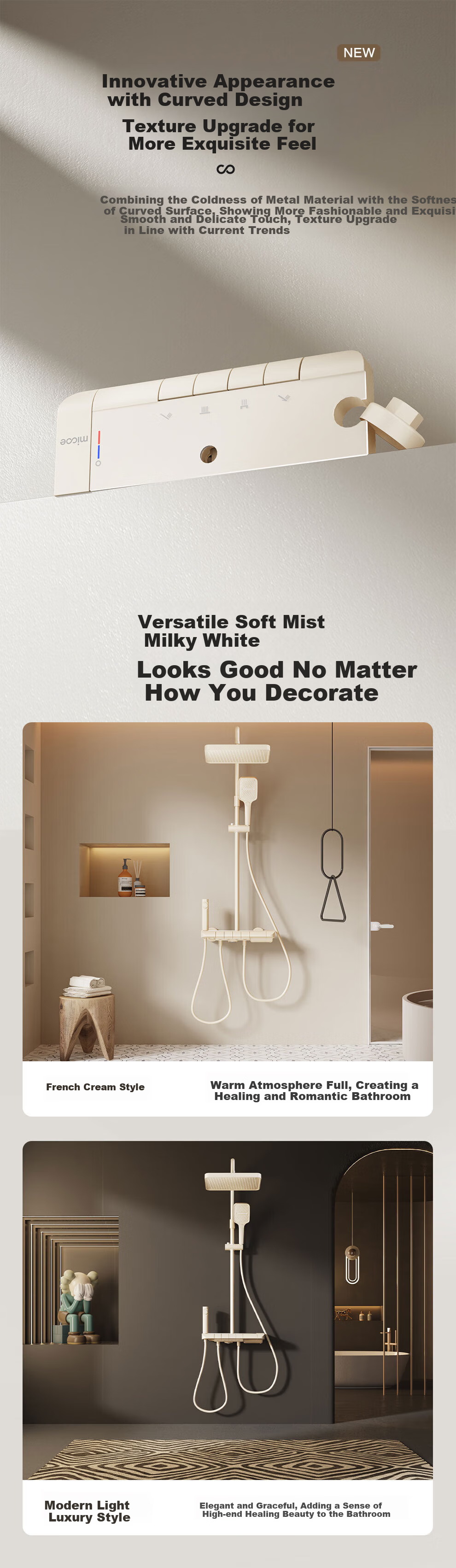 MICOE Shower Set, Cream White, Four-Function Pressurized Bathroom Shower, Piano Key Temperature Control Shower Head, Complete Set M5 4