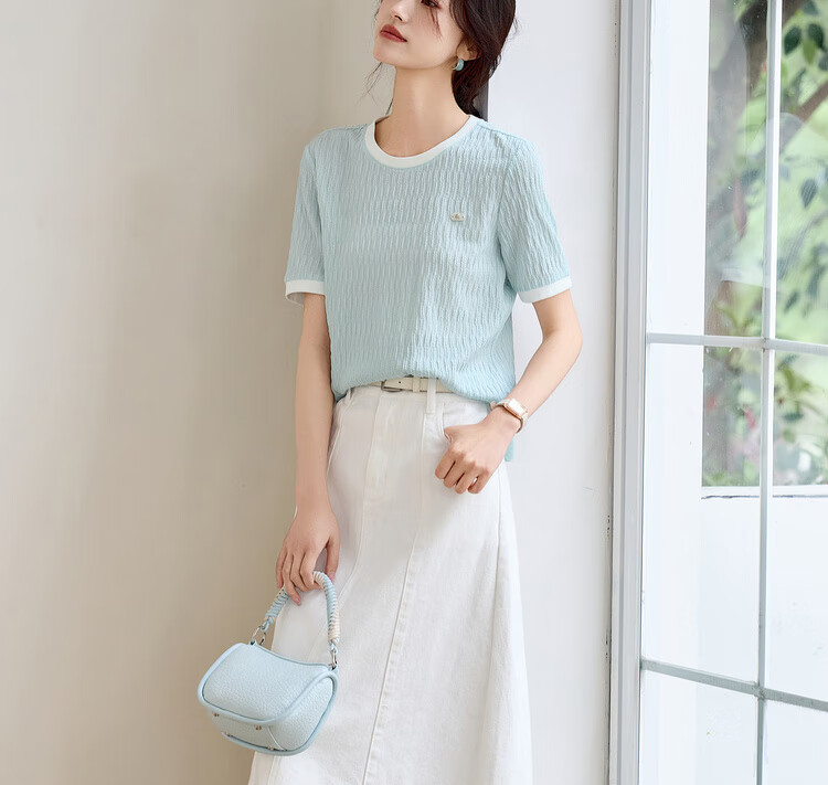 Sentubila Round Neck Short Sleeve Regular Shoulder T-Shirt for Women, Summer Contrasting Color Spliced Knit Top, Elegant Versatile High-End Blouse 16