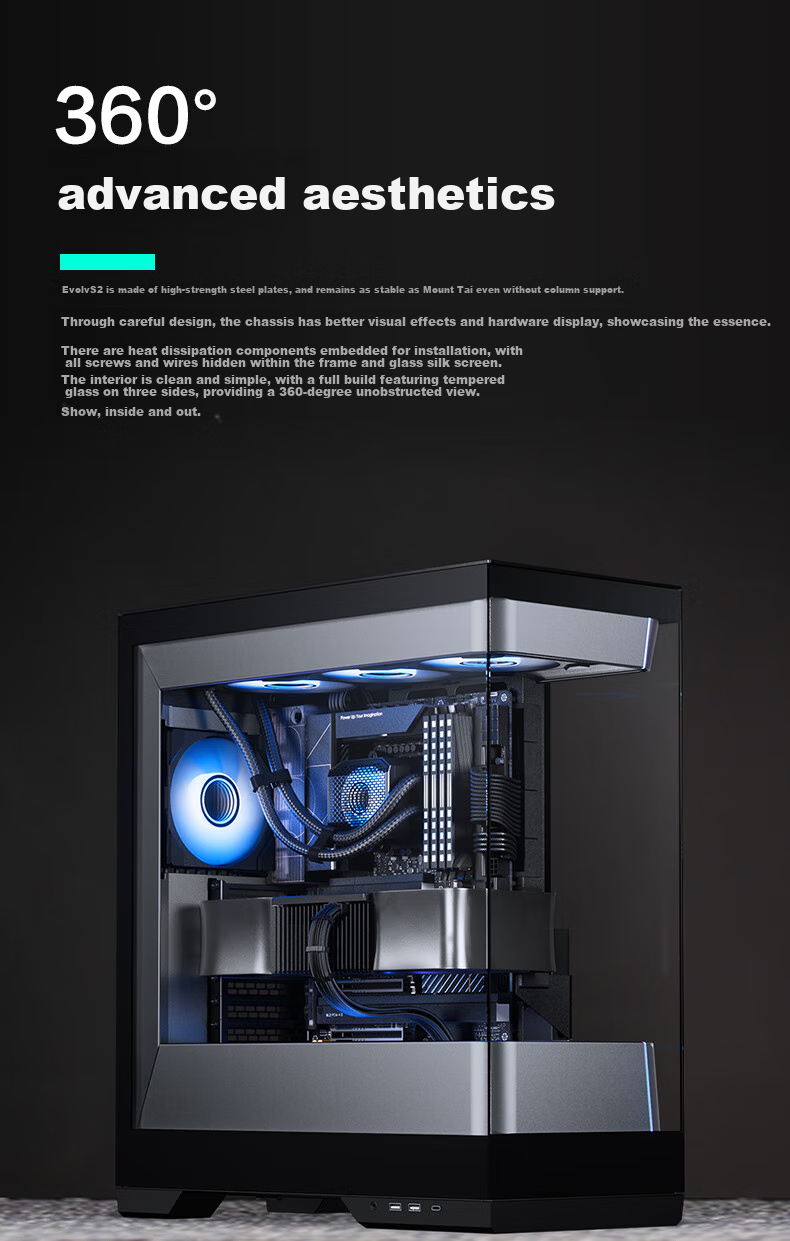 PHANTEKS EVOLV S2 Black Desktop Water-Cooled Computer Case with View Window (20G Type-C/120mm Fans*4/360mm Radiator Support/5090) 6