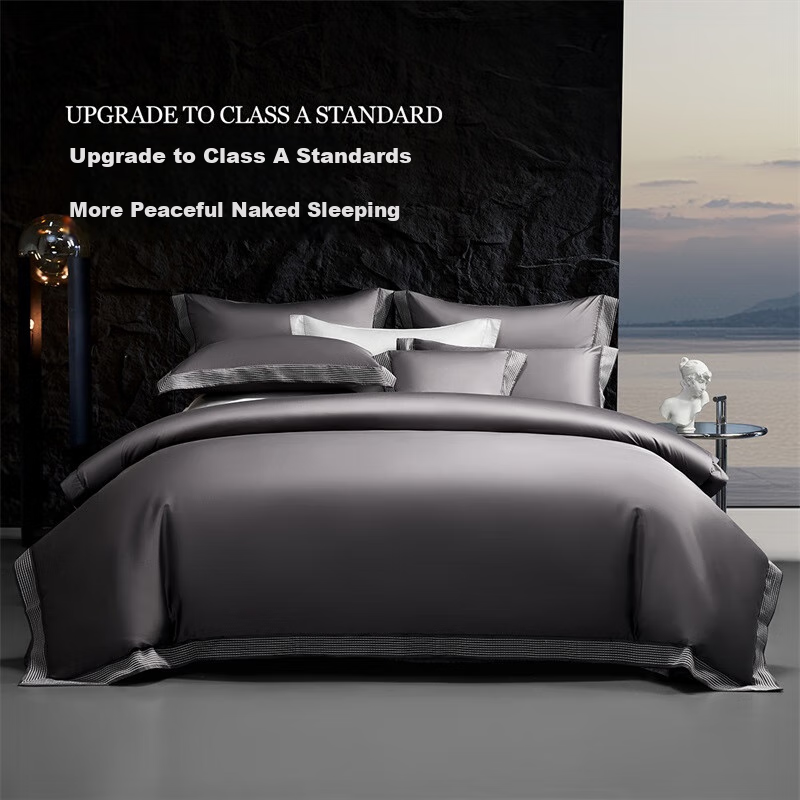 Shuixingjiafang Four-Piece Bedding Set, 100 Thread Count Pima Cotton, Pure Cotton 100% for Sleeping Naked, High-End Luxury Double Bed Set, 1.8m Bed, Gray