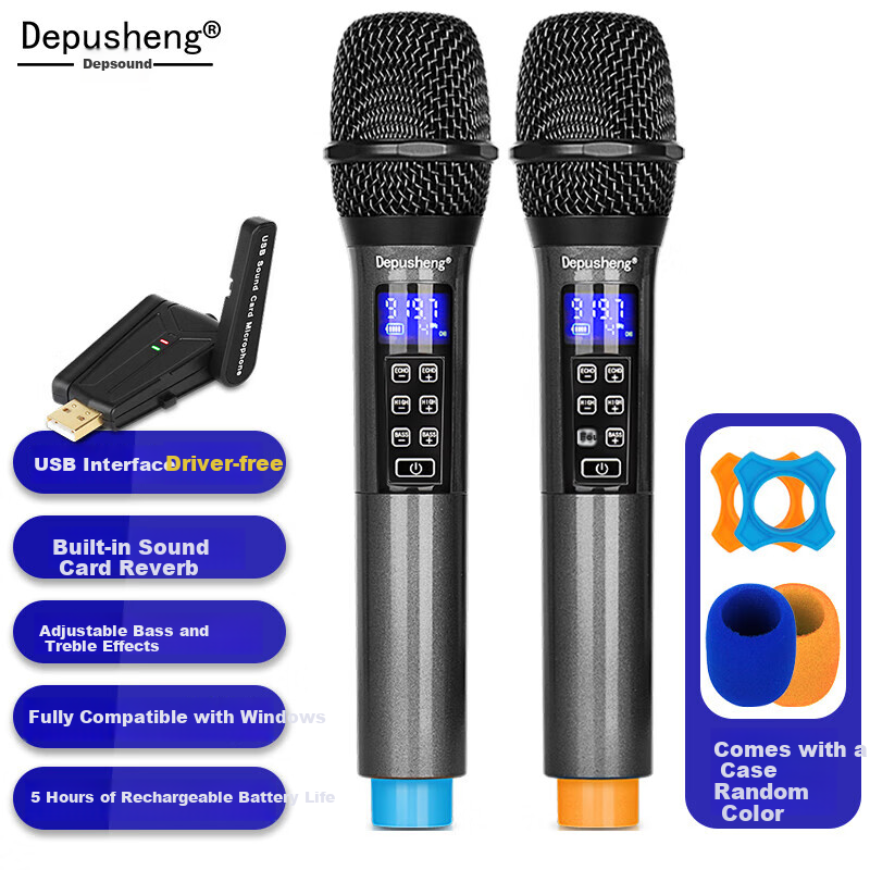 Depusheng W4 USB Wireless Microphone, Microphone for Computer And Laptop, Live Streaming, Video Conferencing, Online Classes, Recording, Karaoke, Noise Reduction, Sound Pickup, All-In Teaching Device, Whiteboard, Sound Card, Reverb, Dual Channel