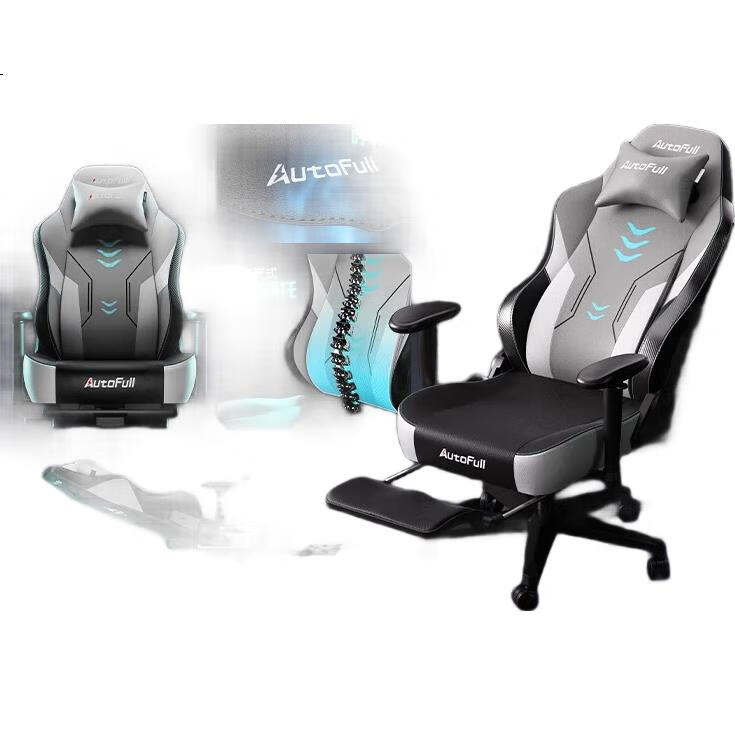 Игровое кресло AutoFull C3, эргономичное, компьютерное, офисное, биомеханическое, с подставкой для ног, цвет: титановый с флуоресцентно-синими акцентами