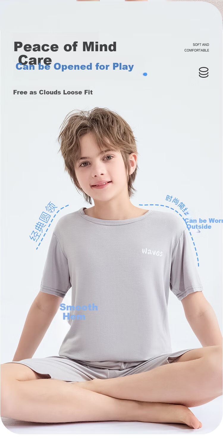 LangSha Children's Pajamas, Boys' New Summer Casual Short-Sleeve Shorts Thin Sleepwear Set, Loose Fit, Gray, Size 150 6