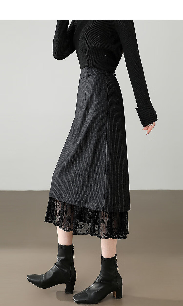 Dme [Office Attire] Autumn Elegant Style High-Waisted Lace Trim Back Center Zipper Straight-Leg Women's Skirt 2