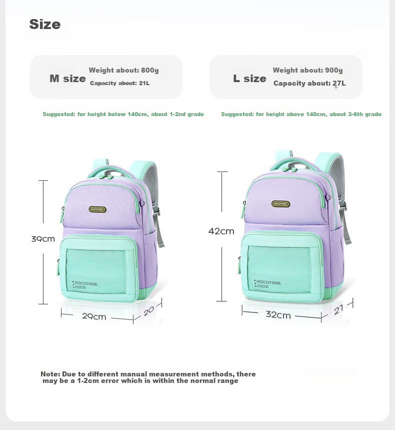 Kocotree Children's Backpack, Lightweight And Ergonomic, for Grades 3-6, Contrasting Colors, Suitable for Boys And Girls, Distant Mountain Purple, Size L 40