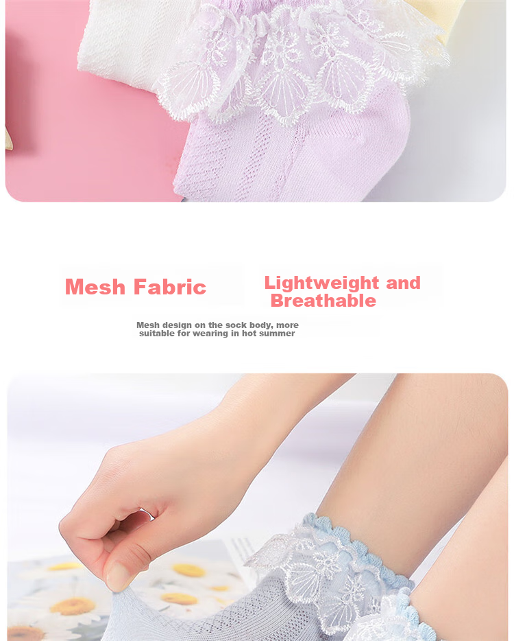 LangSha Children's Socks, Girls' Summer Thin Lace-Trimmed Dance Socks, Cute Versatile Princess Socks, White, 5 Pairs 6