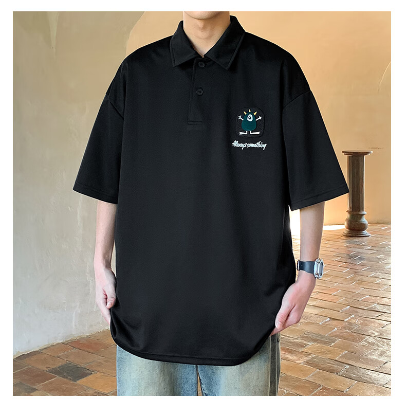 Foss Phil Short-Sleeve Polo Shirt for Men And Women, Summer Casual Loose Versatile Ice Silk Lapel American-Style T-Shirt, 226 Black 2XL 9