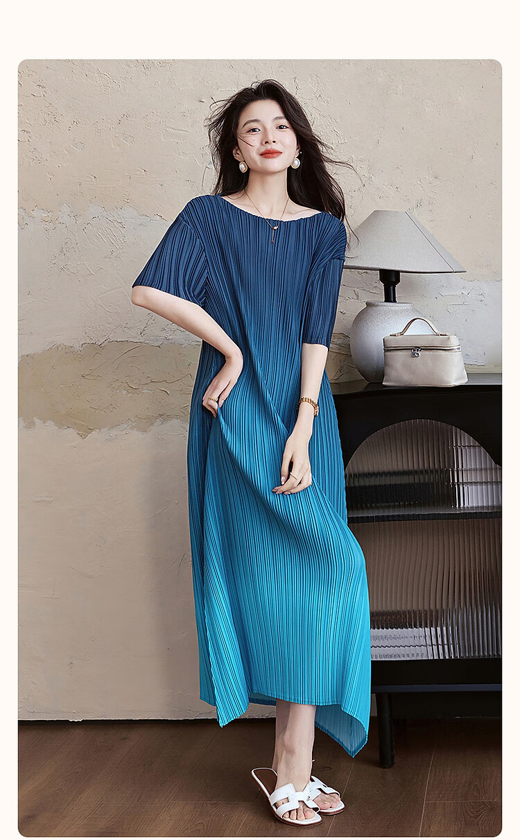 Demana "Flowing Years" Summer Elegant Textured Gradient Print Crinkled Straight-Cut Petite Chic Women's Dress 3