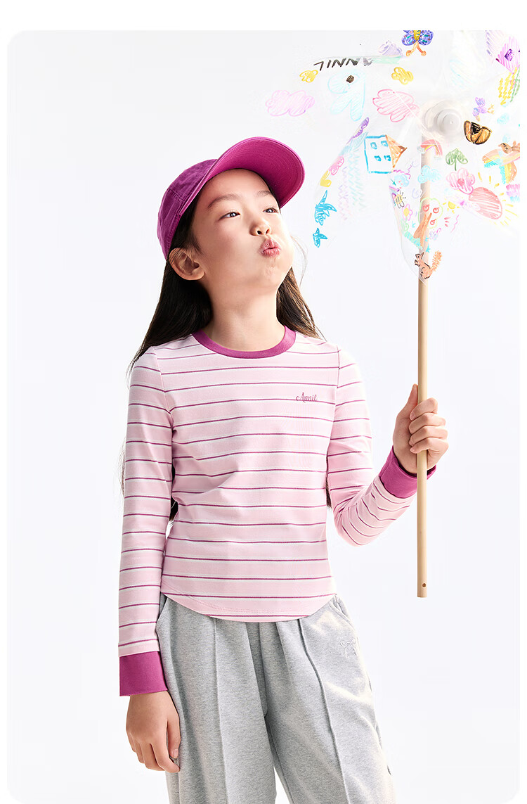 Annil Kids Girls' Crew Neck Long Sleeve T-Shirt 2025 Autumn New Fashion Stretchy Short Striped Base Shirt 1