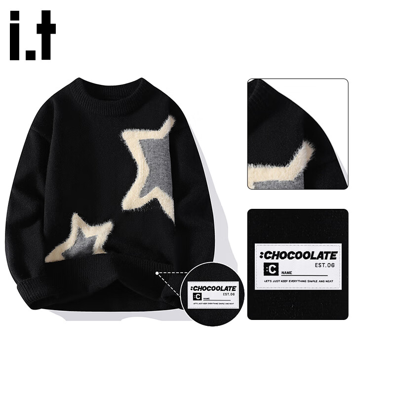 :CHOCOOLATE IT Trendy Brand Men's Winter Knitted Sweater Warm Loose Fit Crew Neck Pullover Black 2XL