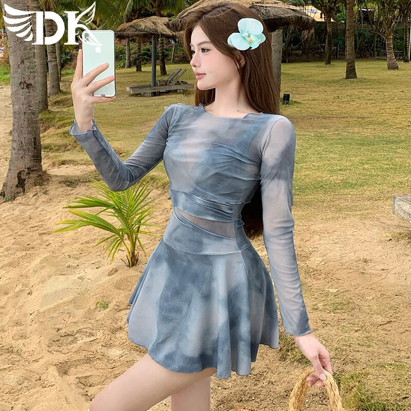 DK Swimsuit for Women, New Style, Slimming Tie-Dye Hot Girl Style, Halter Neck Dress-Style, Slimming One-Piece Swimwear for Curvy Figures