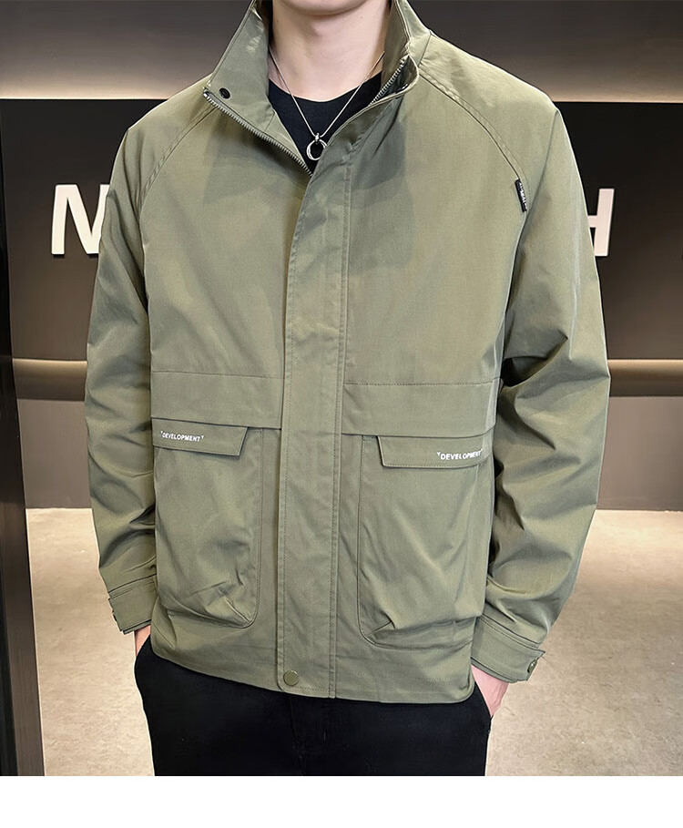 TUCANO Men's Spring Autumn Stand Collar Casual Workwear Korean Style Windproof Jacket Military Green L 10
