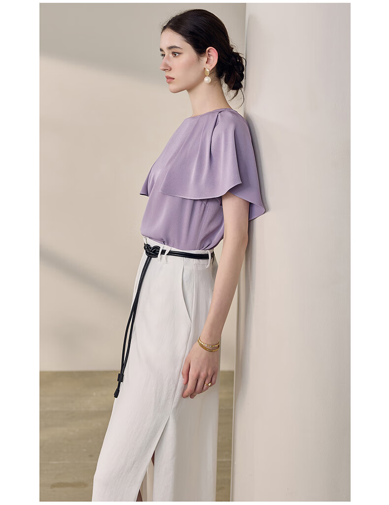 ROEYSHOUSE Women's Intellectual Commuter Cape Sleeve Shirt Summer Elegant Versatile Short Sleeve Top 10888 Purple M 8