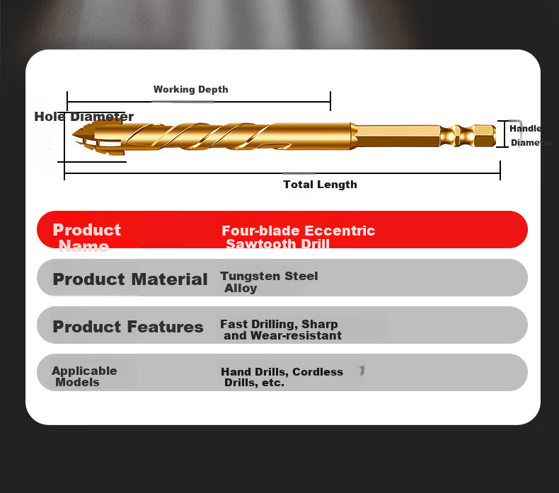 Dedong Four-Blade Serrated Eccentric Drill Bit for Tiles, Concrete, Stainless Steel, Dry Drilling, Angled Head, 6+8+10mm Three Pieces 20
