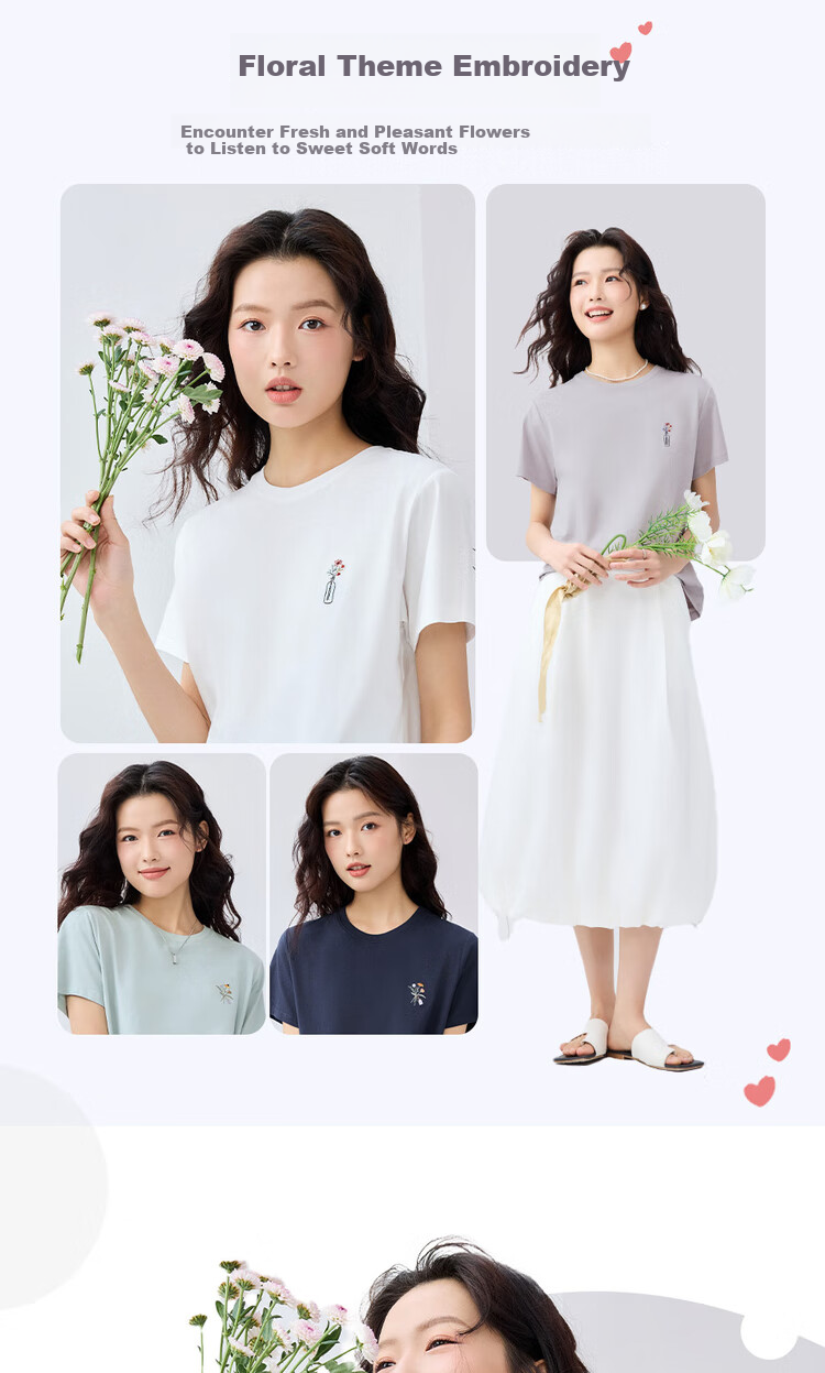 Giordano Women's Short-Sleeve T-Shirt, Summer New Style, Pure Cotton Floral Embroidery, Youthful Casual Round Neck Top, 13325325 5