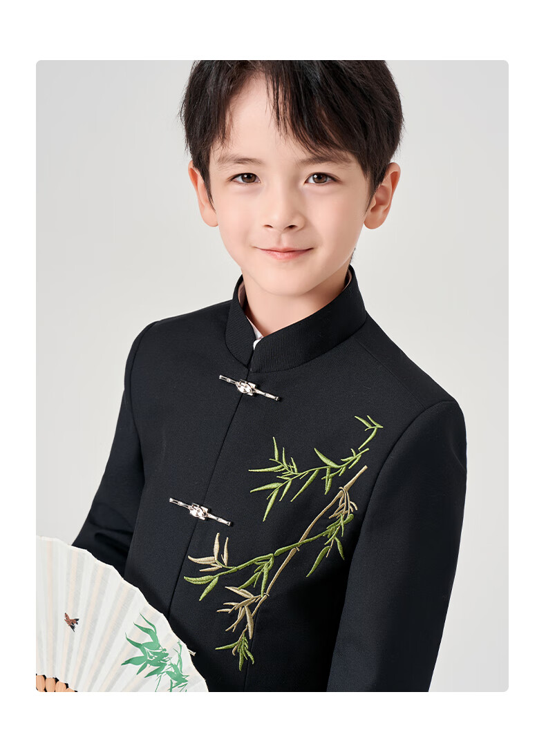 ROMON Children's Chinese-Style Suit Set, Boys' Zhongshan Outfit, New Chinese-Style Suit for Performances, Black Three-Piece Set 1, Size 170 2