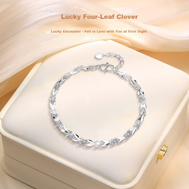 Mini & Yaya 99 Sterling Silver Four-Leaf Clover Bracelet, Women's Beaded Fashion Accessory, Niche Valentine's Day Birthday Gift for Girlfriend