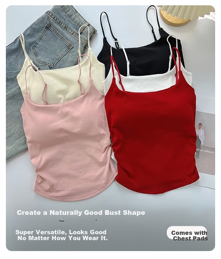 FitonTon Women's Camisole Tank Top with Built-In Bra Pads, Casual Versatile Pure Desire Style Sports Bra for Outer Wear And Inner Wear, Red 3