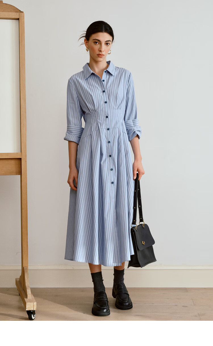 Oulain Autumn Women's Wear, Commuter Blue Striped Waist-Cinching Shirt Dress, Slimming Long Skirt, Blue Stripes, Size S 8