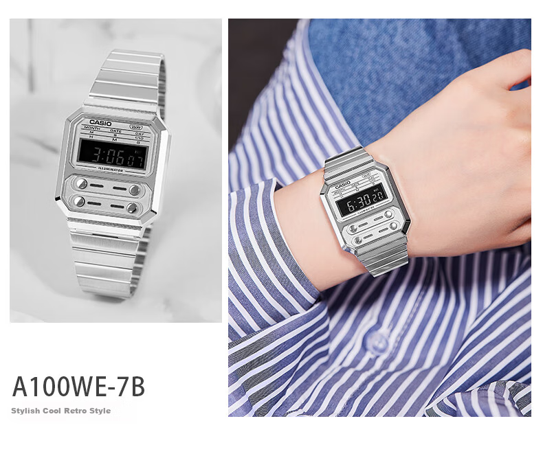 CASIO Watch, Unisex Digital Display Classic Square Electronic Couple Watch, A100WE-7B 12