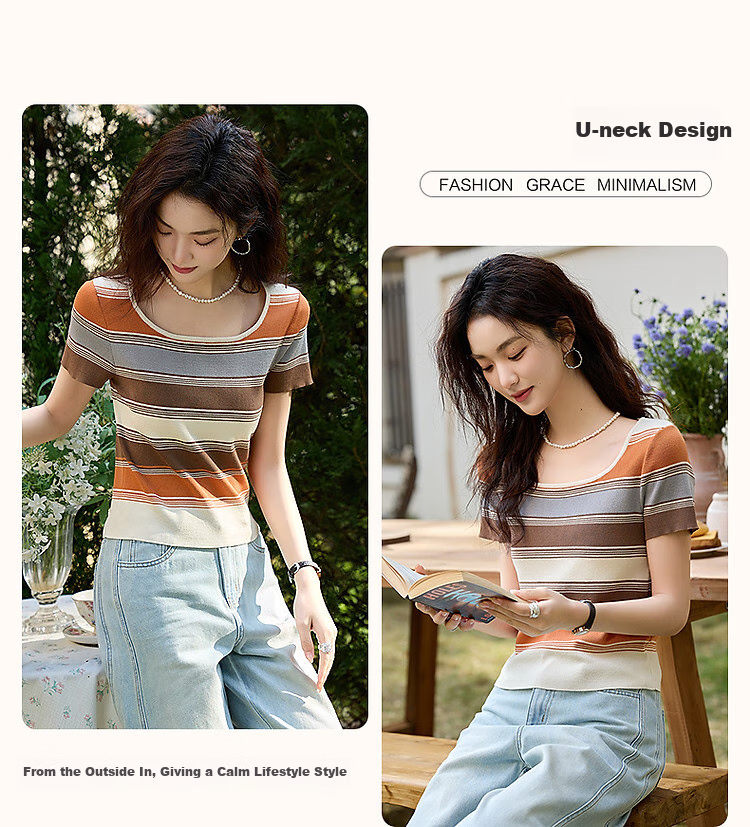 Dme [Meilad Color Series] Summer Vintage U-Neck Ice Silk Sweater, Contrasting Color Slightly Elastic, Inclusive Knit Top for Wome 5