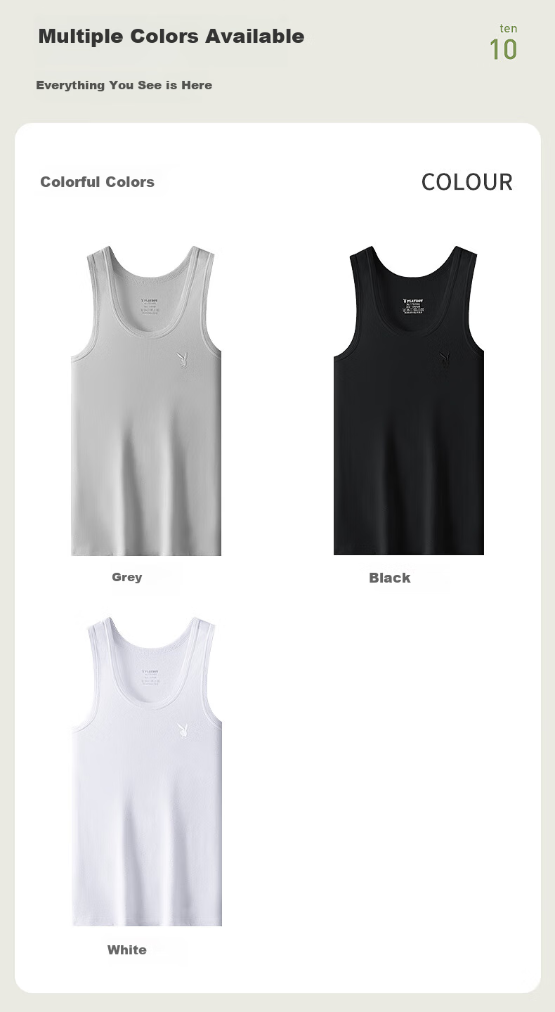 PLAYBOY Pure Cotton Tank Top for Men, Large Size, High Elasticity, Sweat-Wicking, Breathable Undershirt, 2 Pieces 10