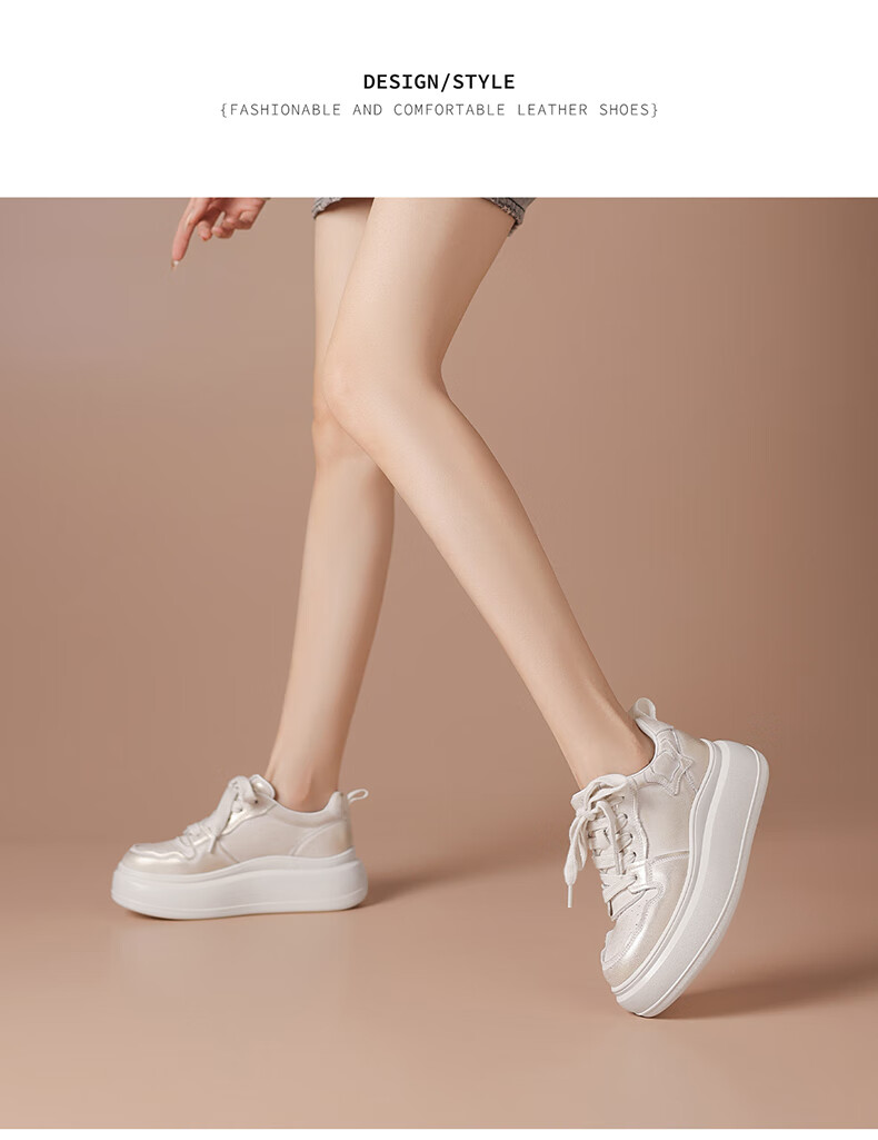 BOERDIQI Top-Grain Leather Versatile White Sneakers for Women, Thick-Soled Height-Increasing Casual Sports Shoes, White And Black, Size 36 13