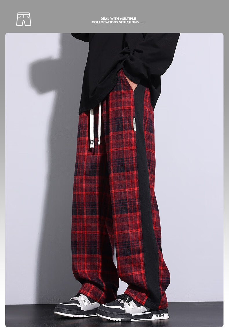 IZEXX Men's Plaid Pants, Summer American Straight Wide-Leg Loose Versatile Casual Pants, Sporty Retro Style ZL27 Gray L 2