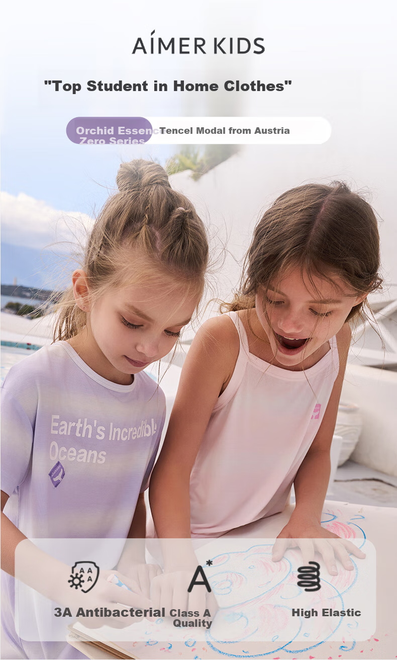 Aimer Kids Girls' Pajamas, Zero-Carbon Lanine Modal Short-Sleeve Nightgown, Summer Cool-Touch Sleepwear, Purple Striped, Size 110 1