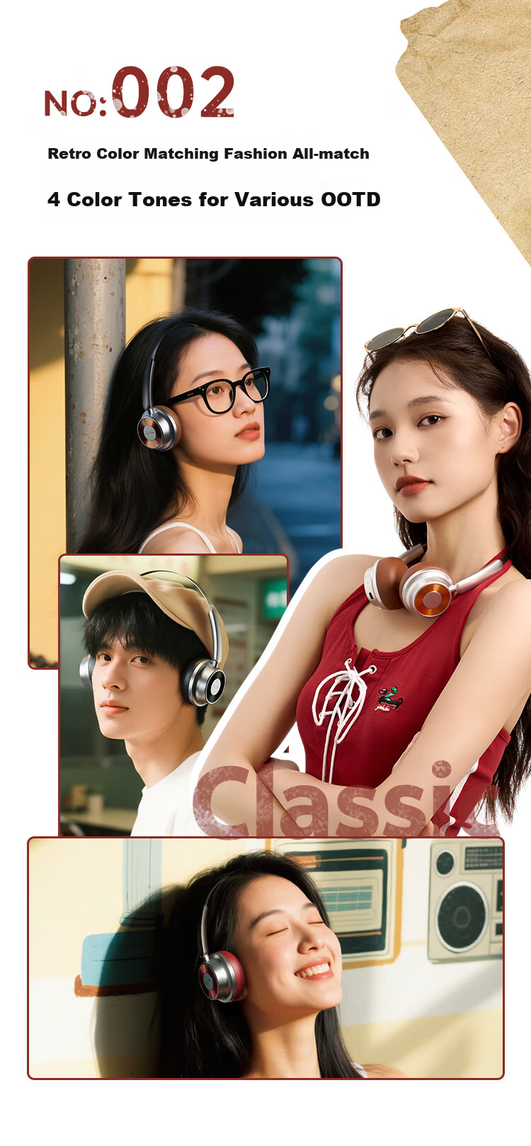 QCY Era 5 Retro Fashion Headphones, HiFi Sound Quality, Long Battery Life, High Aesthetic Value, Lightweight Metal, Millennium Internet Celebrity Atmosphere, Birthday Gift, Tape Black 8