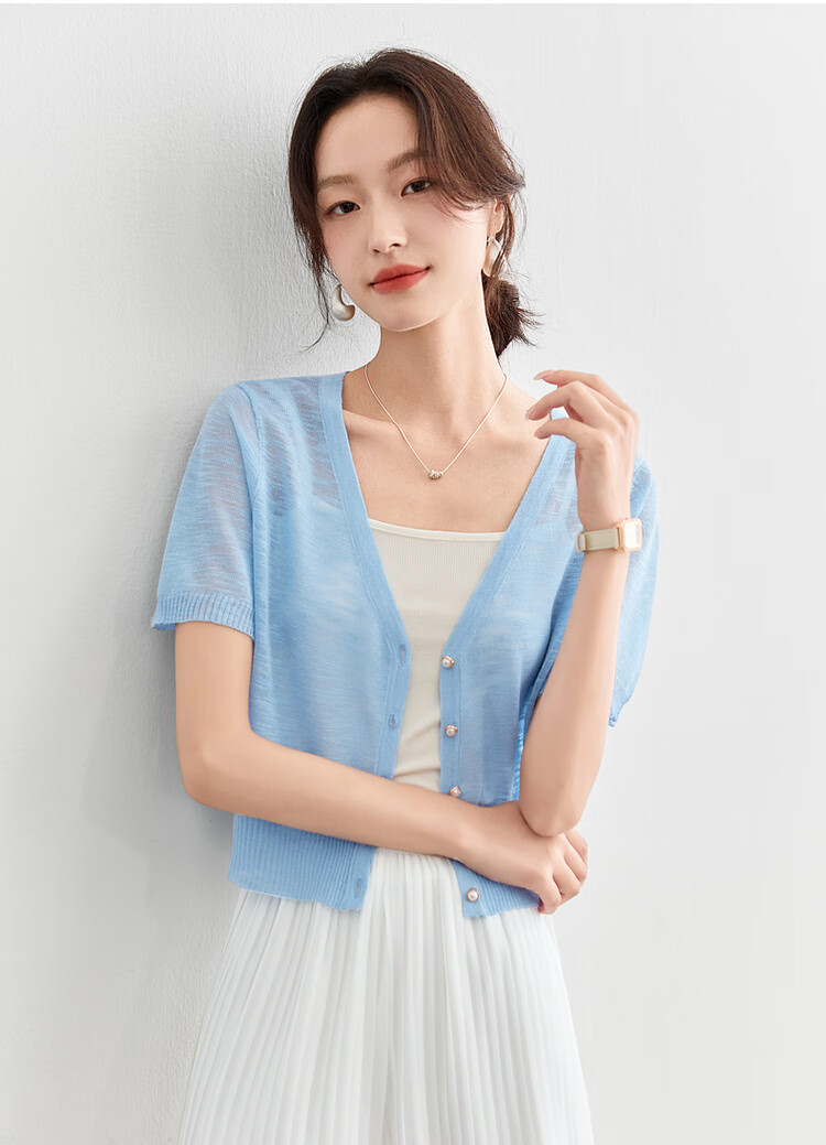 Sentubila Lazy Atmosphere Milk Huhu Refreshing Knit Top for Women, Summer V-Neck Short-Sleeve Cardigan, White, L 21