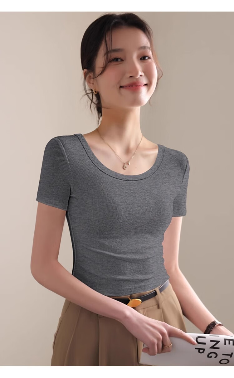 Woodpecker Women's Regular Shoulder Short Sleeve T-Shirt Summer 2025 New Round Neck Slim Fit Cropped Top White L 1