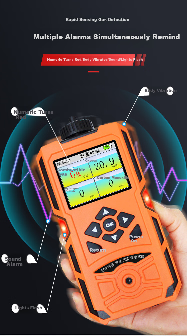 EDKORS Pump-Suction Four-In Gas Detector for Combustible Gas, Oxygen, Hydrogen Sulfide, CO, Hazardous Confined Space Alarm 13